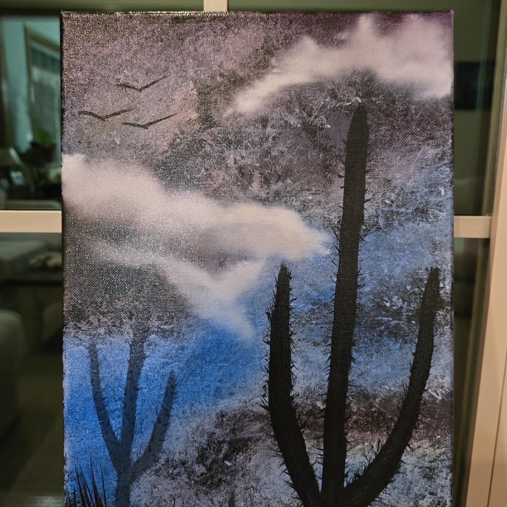 Cactus Silhouette Canvas Art with Blue and Purple Sky